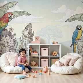 Tropical parrots mural wallpaper creating vibrant jungle themed nursery decor by Kids-Mundo