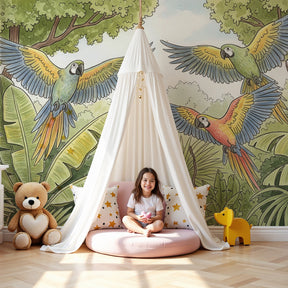 Tropical parrots mural wallpaper creating vibrant jungle nursery decor by Kids-Mundo