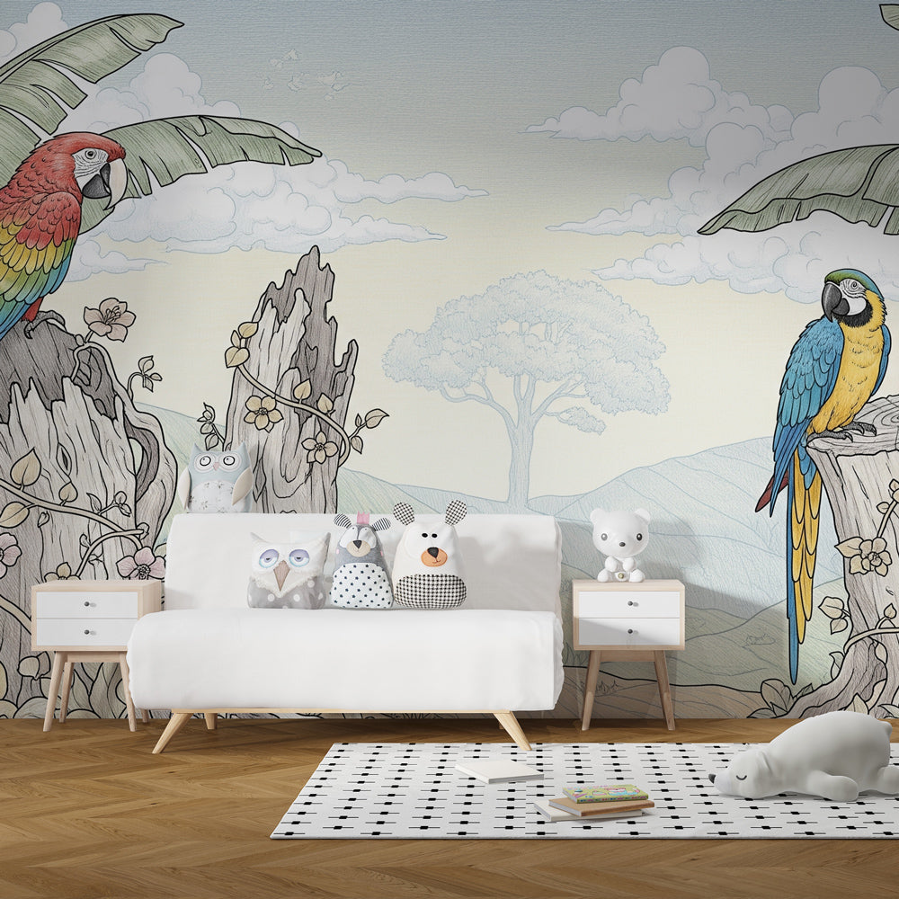 Jungle birds mural wallpaper featuring vibrant parrots in kids playroom setting by Kids-Mundo