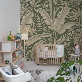 Monochrome green leaf wallpaper in modern kids bedroom with natural wood furniture by Kids-Mundo