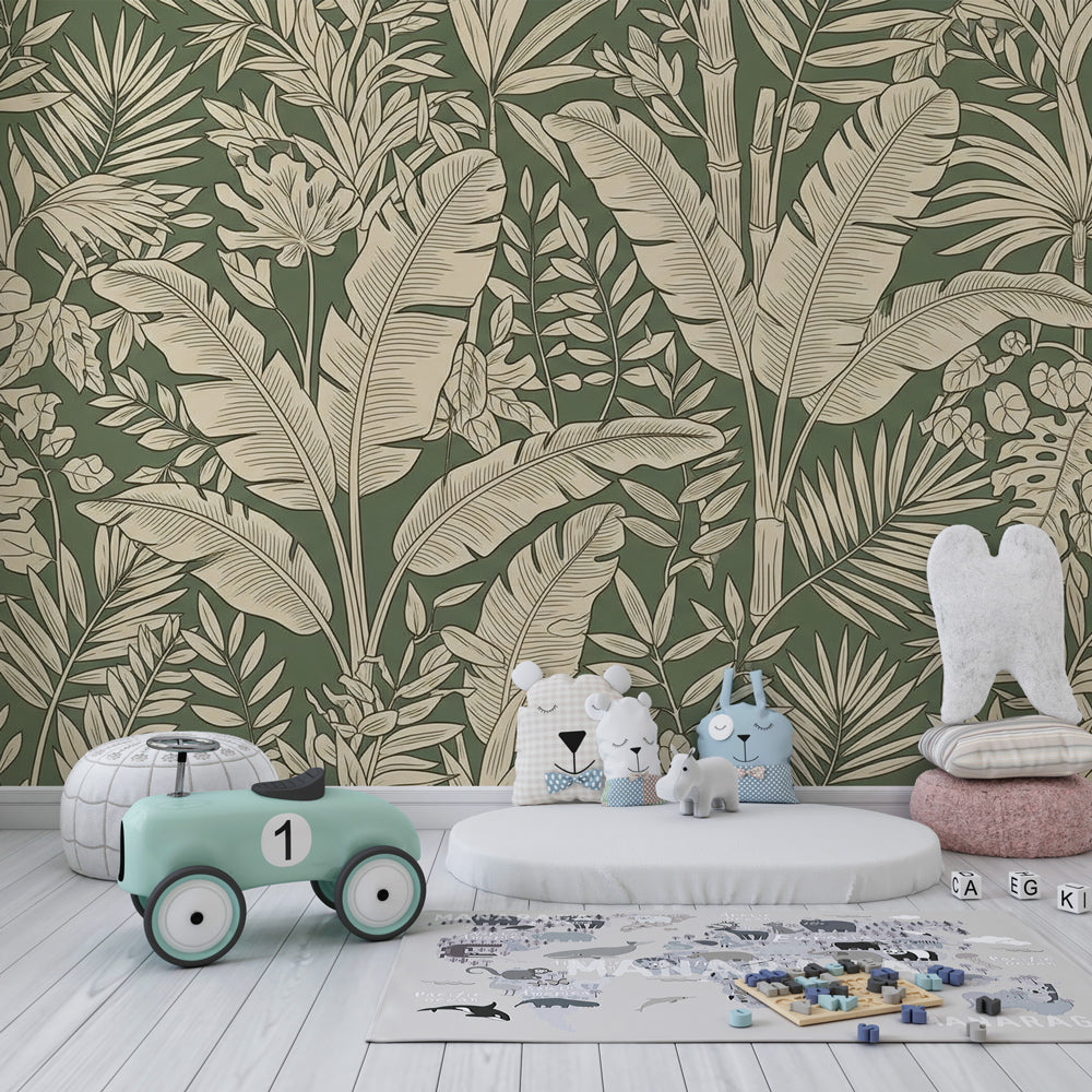 Botanical tropical wallpaper creating calm nature-inspired children's room decor by Kids-Mundo