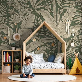 Tropical plants mural wallpaper creating serene botanical nursery atmosphere by Kids-Mundo