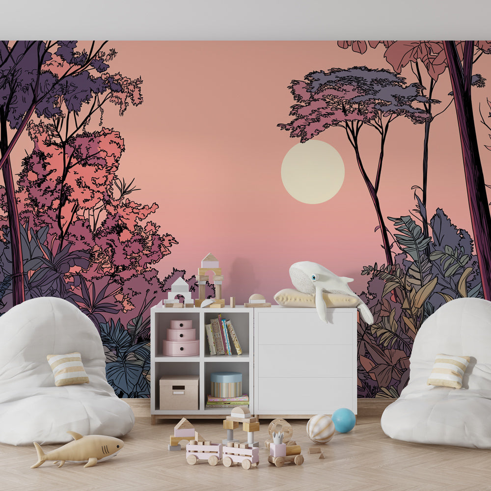 Jungle path sunset wallpaper transforming children's bedroom into tropical adventure space