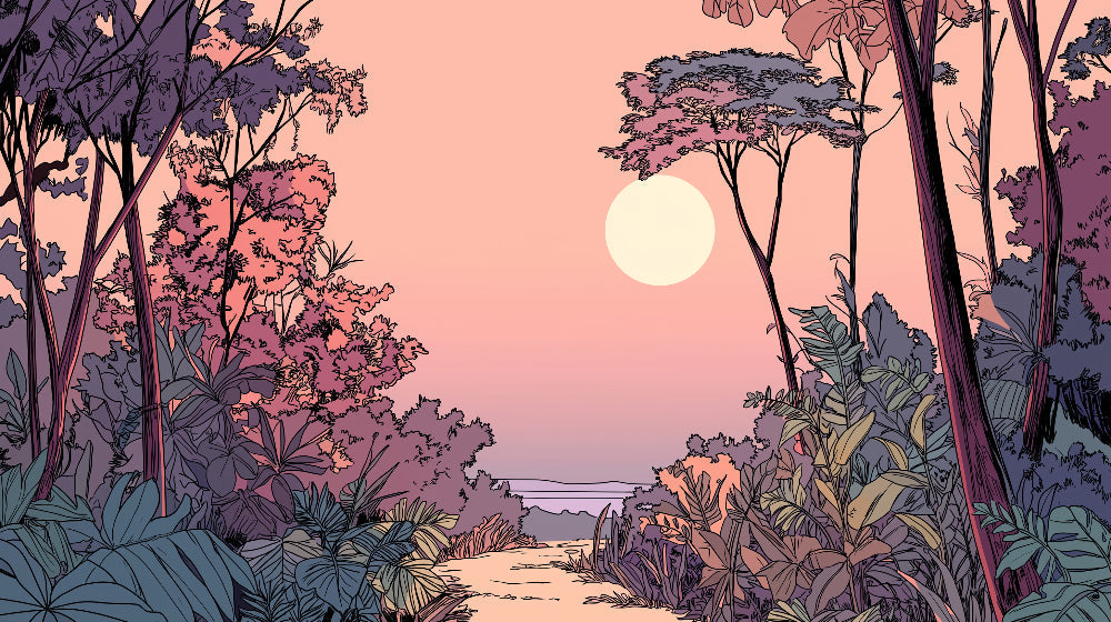Detailed tropical sunset jungle path mural wallpaper design pattern with full moon by Kids-Mundo