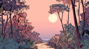 Detailed tropical sunset jungle path mural wallpaper design pattern with full moon by Kids-Mundo