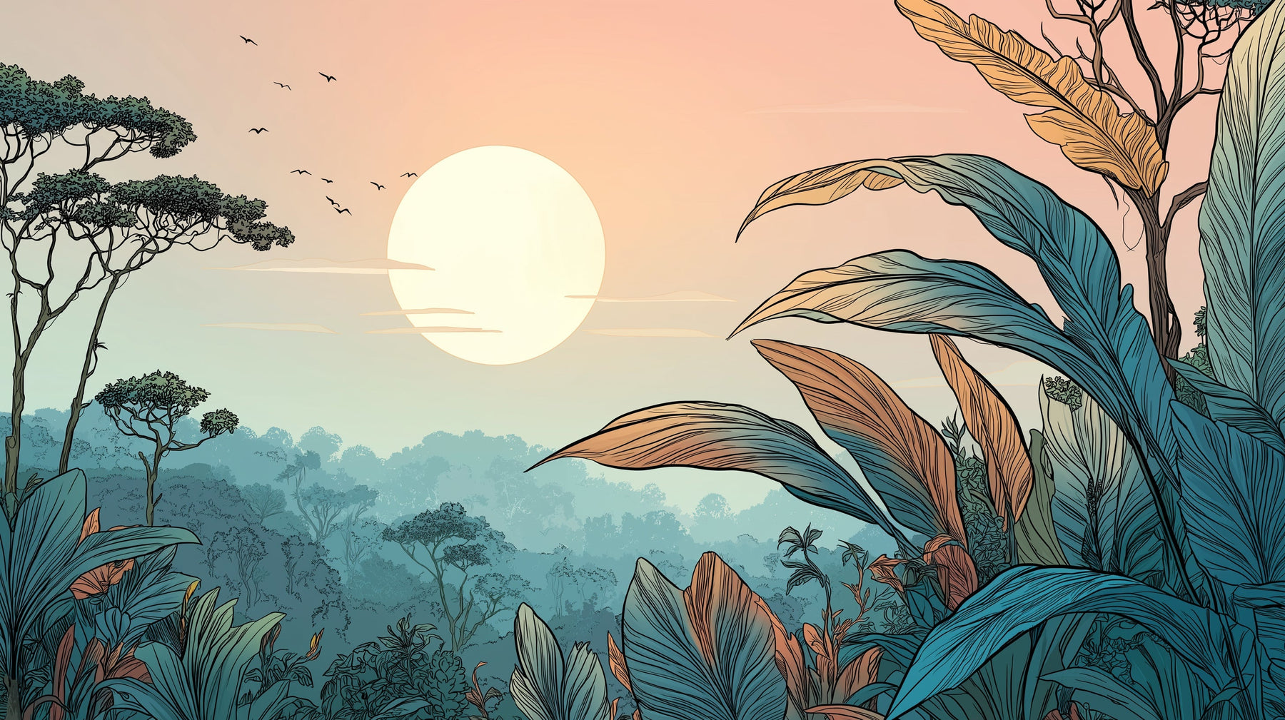 Detailed tropical sunset mural wallpaper design pattern showing golden sun and exotic foliage by Kids-Mundo