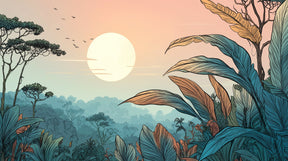 Detailed tropical sunset mural wallpaper design pattern showing golden sun and exotic foliage by Kids-Mundo