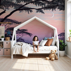 Tropical sunset mural wallpaper in modern nursery with soft twilight colors by Kids-Mundo