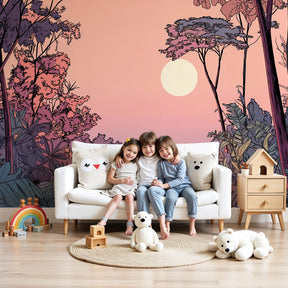Tropical sunset mural wallpaper creating peaceful jungle atmosphere in modern nursery by Kids-Mundo