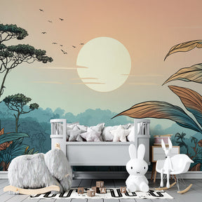 Tropical mural wallpaper with exotic foliage creating adventure-themed playroom decor for children