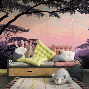 Tropical sunset wallpaper with pink and purple hues for calming children's room decor