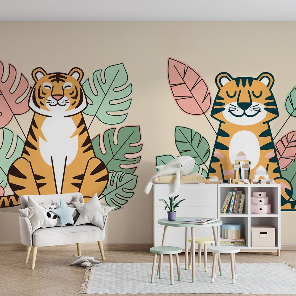 Kids-Mundo tropical tiger duo wall mural styled in a warm cream and pink nursery room