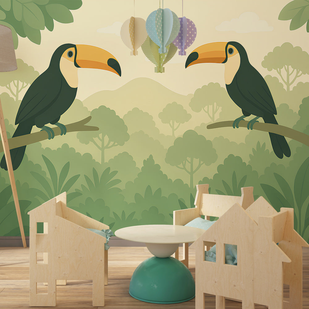 Jungle themed toucan wallpaper transforming kids bedroom with vibrant tropical birds and greenery