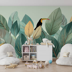 Jungle themed kids bedroom featuring tropical leaves wallpaper with colorful toucan design