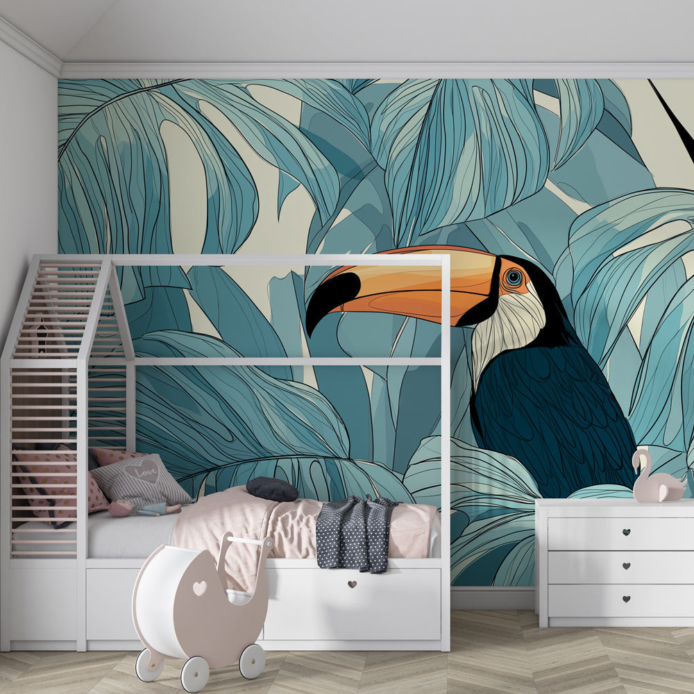 Colorful toucan jungle wallpaper creating vibrant kids bedroom decor with blue accents