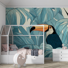 Colorful toucan jungle wallpaper creating vibrant kids bedroom decor with blue accents