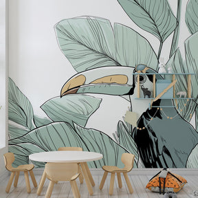 Line art toucan wallpaper with green foliage decorating children's bedroom wall by Kids-Mundo