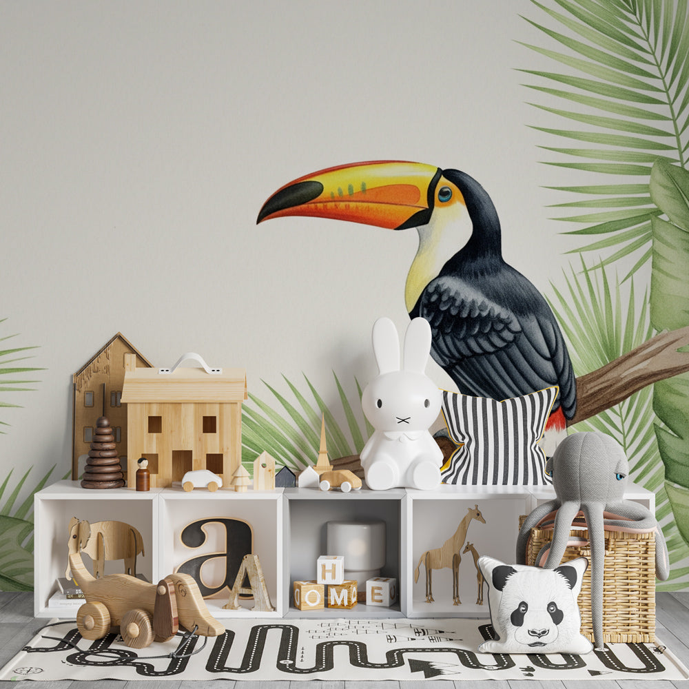 Lush jungle wallpaper with colorful toucan decorating children's bedroom wall