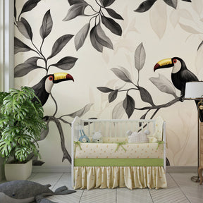 Exotic toucan wallpaper in modern kids bedroom with natural wood furniture and tropical theme