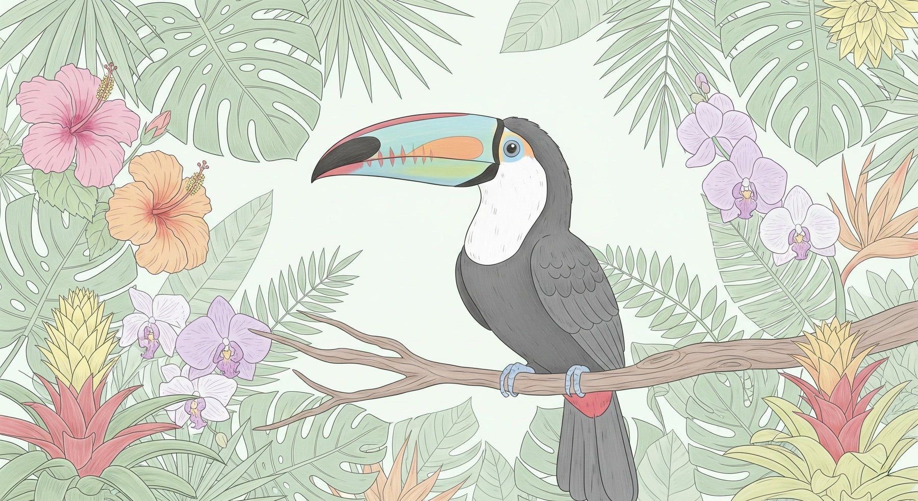 Detailed tropical toucan mural wallpaper design pattern with exotic birds and flowers by Kids-Mundo