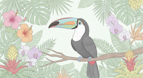 Detailed tropical toucan mural wallpaper design pattern with exotic birds and flowers by Kids-Mundo