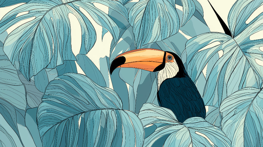 Detailed tropical toucan mural wallpaper design pattern with palm leaves by Kids-Mundo