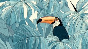 Detailed tropical toucan mural wallpaper design pattern with palm leaves by Kids-Mundo