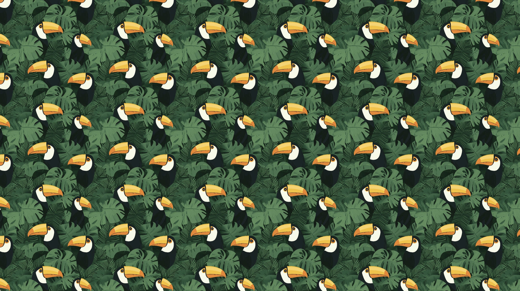 Detailed tropical toucan mural wallpaper design pattern with colorful birds and jungle leaves by Kids-Mundo