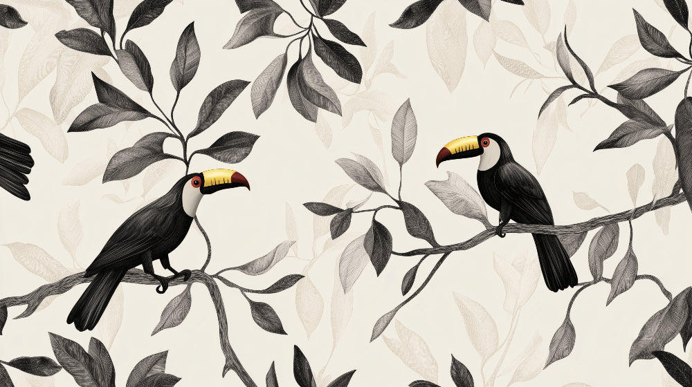 Detailed tropical toucan mural wallpaper design pattern with golden beaks and monochrome foliage by Kids-Mundo