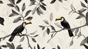 Detailed tropical toucan mural wallpaper design pattern with golden beaks and monochrome foliage by Kids-Mundo
