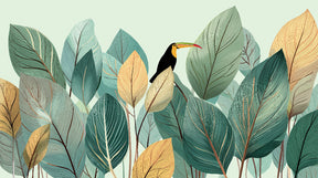 Detailed tropical toucan and jungle leaves mural wallpaper design pattern by Kids-Mundo