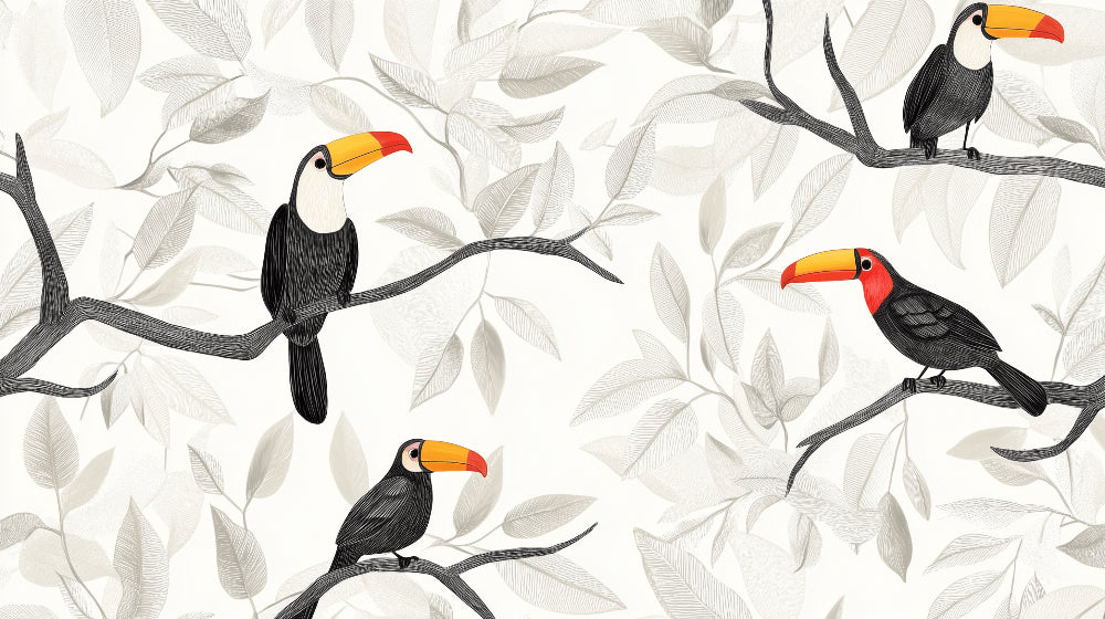 Detailed tropical toucan mural wallpaper design pattern with delicate botanical foliage by Kids-Mundo