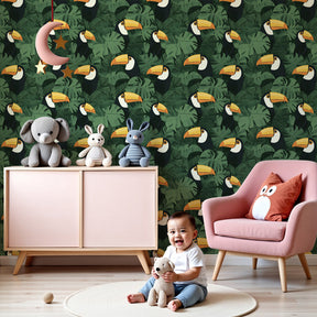 Tropical toucan mural wallpaper in bright nursery with natural wood furniture by Kids-Mundo