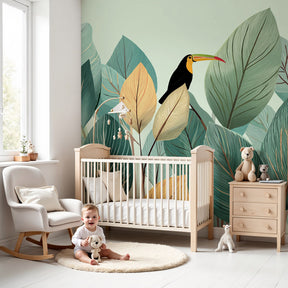 Tropical toucan mural wallpaper in modern nursery with natural wood crib by Kids-Mundo