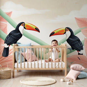 Tropical toucan mural wallpaper creating jungle-themed nursery decor with pink and green botanical design by Kids-Mundo