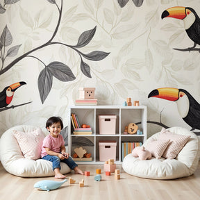 Tropical toucan mural wallpaper creating vibrant nursery decor with colorful exotic birds by Kids-Mundo