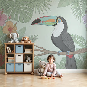 Tropical toucan mural wallpaper creating jungle paradise nursery decor with soft pastel colors by Kids-Mundo