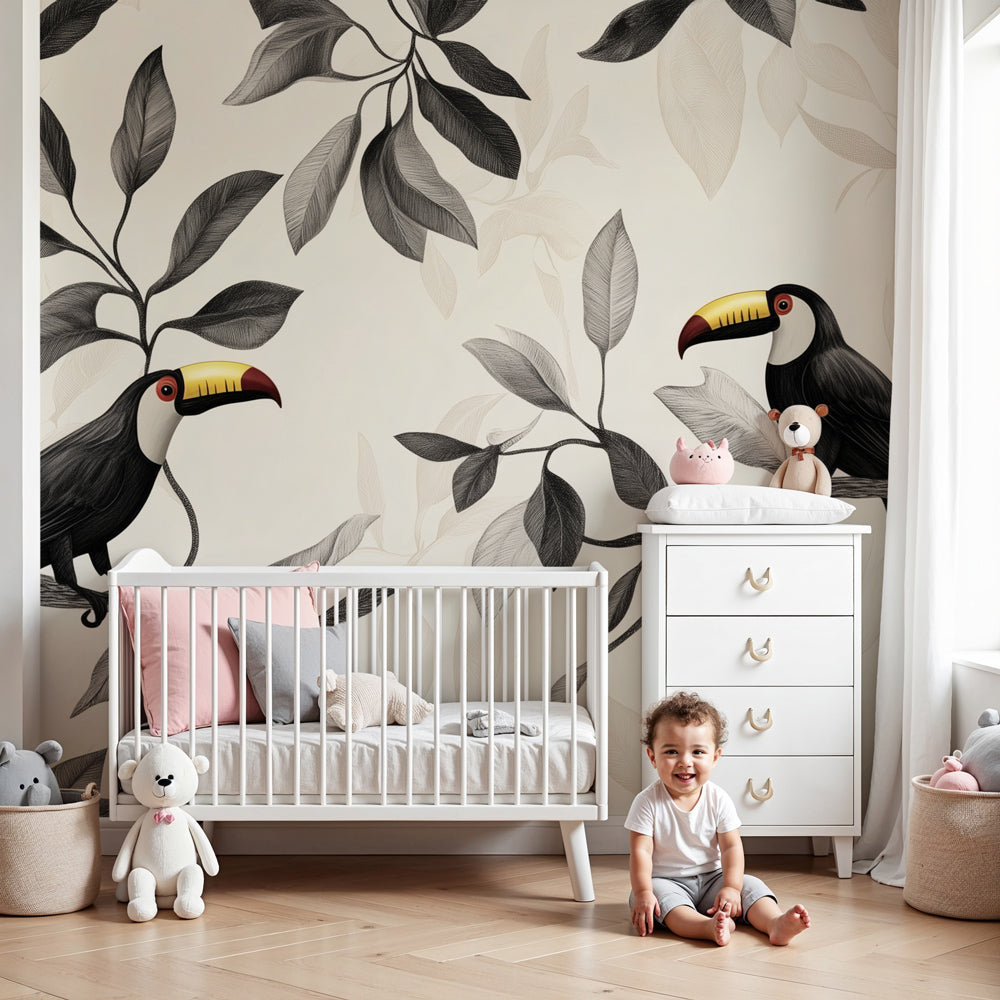 Tropical toucan mural wallpaper creating exotic nursery decor with monochrome botanical design by Kids-Mundo