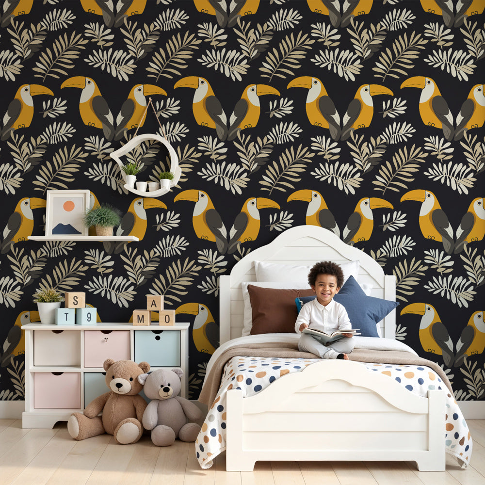 Tropical toucan mural wallpaper creating exotic jungle atmosphere in modern kids nursery by Kids-Mundo