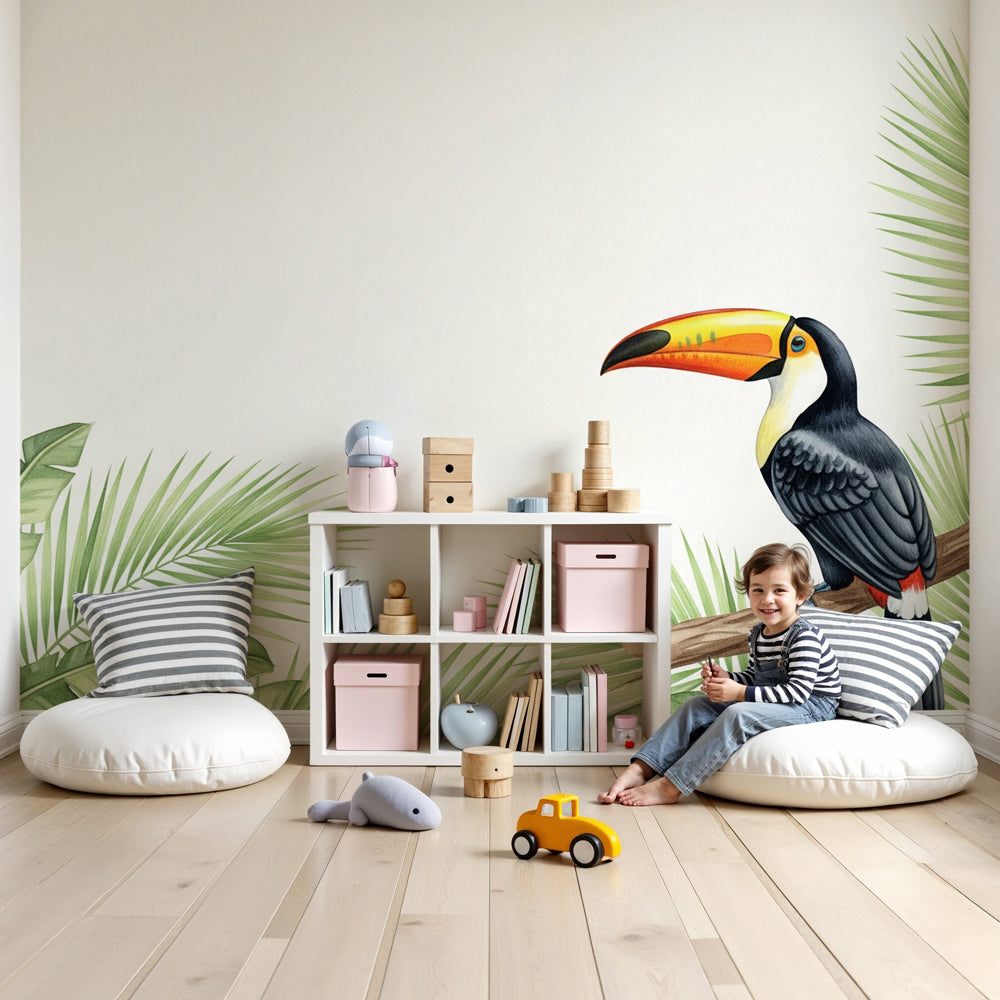 Tropical toucan mural wallpaper creating jungle atmosphere in modern nursery by Kids-Mundo
