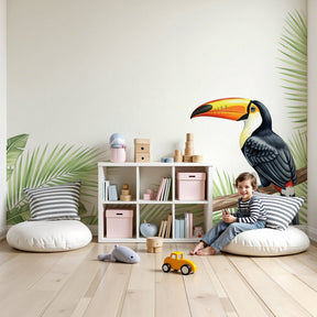 Tropical toucan mural wallpaper creating jungle atmosphere in modern nursery by Kids-Mundo