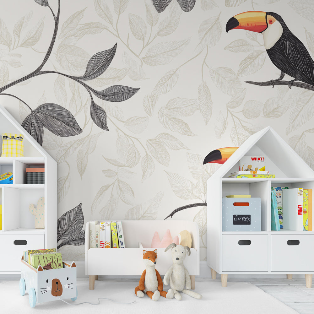 Exotic bird mural wallpaper featuring toucans and foliage in modern kids playroom setting