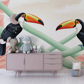 Vibrant tropical bird mural wallpaper creating adventurous playroom atmosphere with jungle foliage design