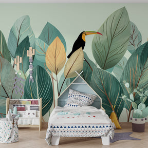 Children's playroom with tropical mural wallpaper creating calming jungle atmosphere