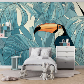 Tropical jungle mural wallpaper with toucan design in bright children's playroom setting