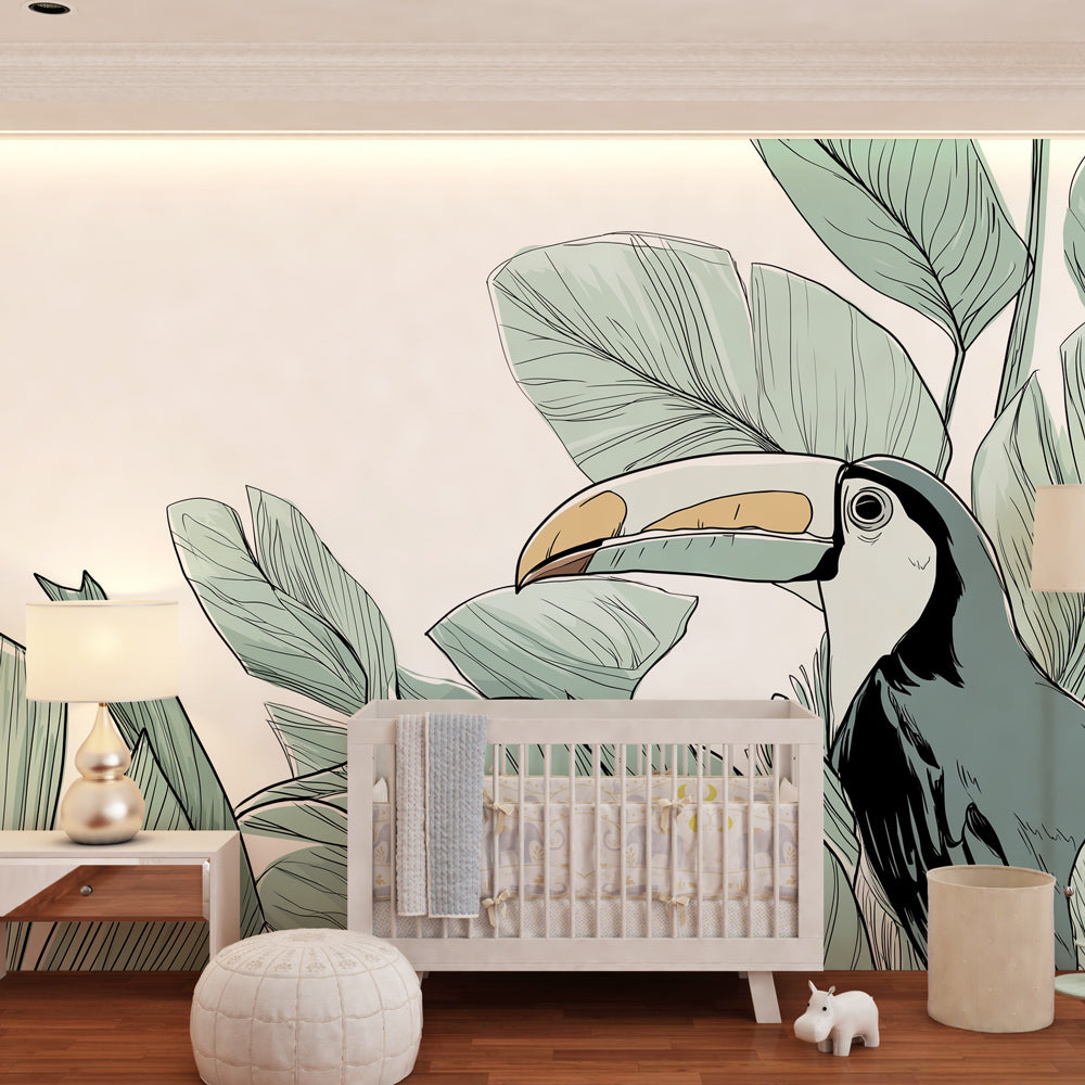 Jungle bird mural wallpaper with tropical leaves in bright kids playroom setting