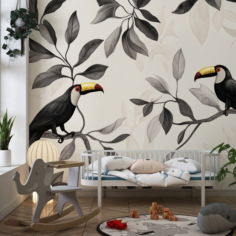 Tropical bird mural wallpaper transforming children's playroom into jungle adventure space by Kids-Mundo