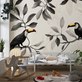 Tropical bird mural wallpaper transforming children's playroom into jungle adventure space by Kids-Mundo