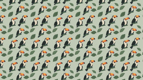 Detailed tropical toucans mural wallpaper design pattern with colorful birds and foliage by Kids-Mundo
