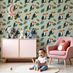 Tropical toucans mural wallpaper in modern nursery room with natural wood furniture by Kids-Mundo